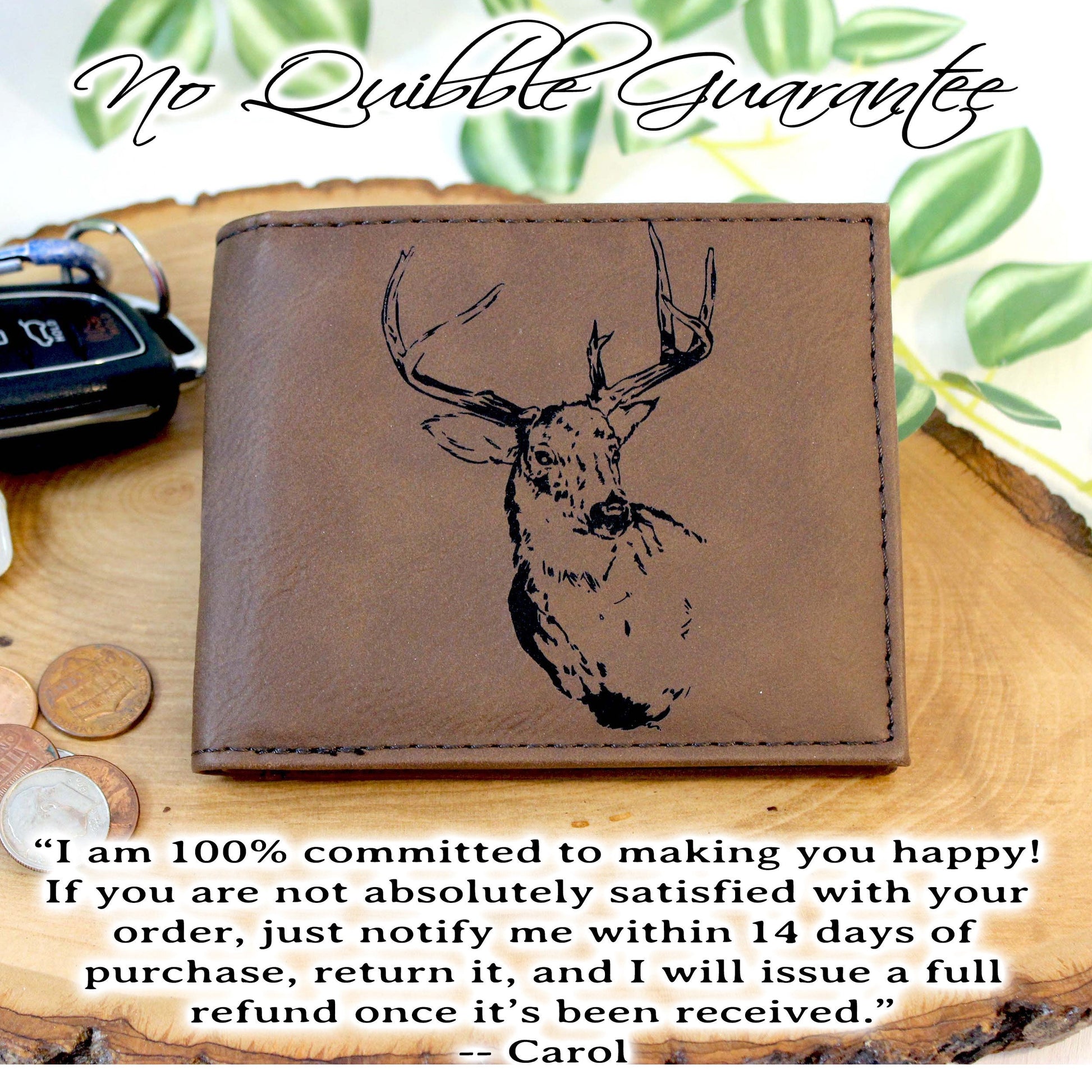 Men's Leather Bifold/Trifold Hunting Wallet - Bifold with flip ID Display. Perfect Hunter's gift. Deer Profile Engraved. Deer Head Wallet