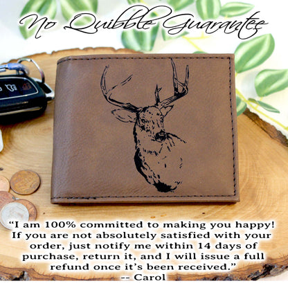 Men's Leather Bifold/Trifold Hunting Wallet - Bifold with flip ID Display. Perfect Hunter's gift. Deer Profile Engraved. Deer Head Wallet
