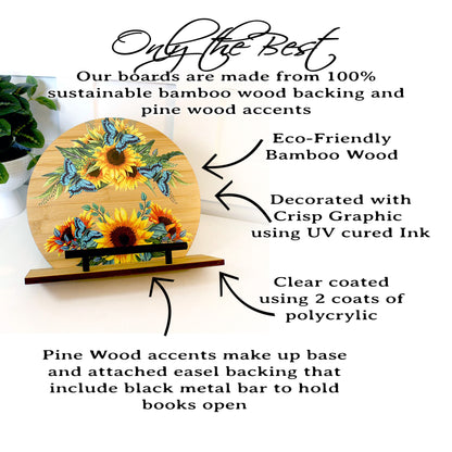 Kitchen Cookbook Stand from Sustainable Bamboo with Pine Wood Accents decorated with Beautiful Sunflowers and Blue Butterflies - Monogram