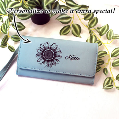 Engraved Sunflower Leatherette Women's Wallet w/ ID Display, Ladies Leather Sunflower Wallet, Perfect Gift for her Birthday or Mother's Day
