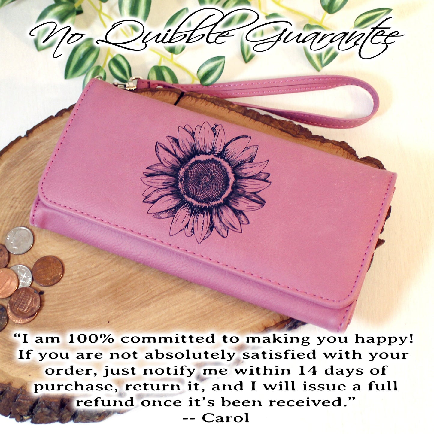 Engraved Sunflower Leatherette Women's Wallet w/ ID Display, Ladies Leather Sunflower Wallet, Perfect Gift for her Birthday or Mother's Day