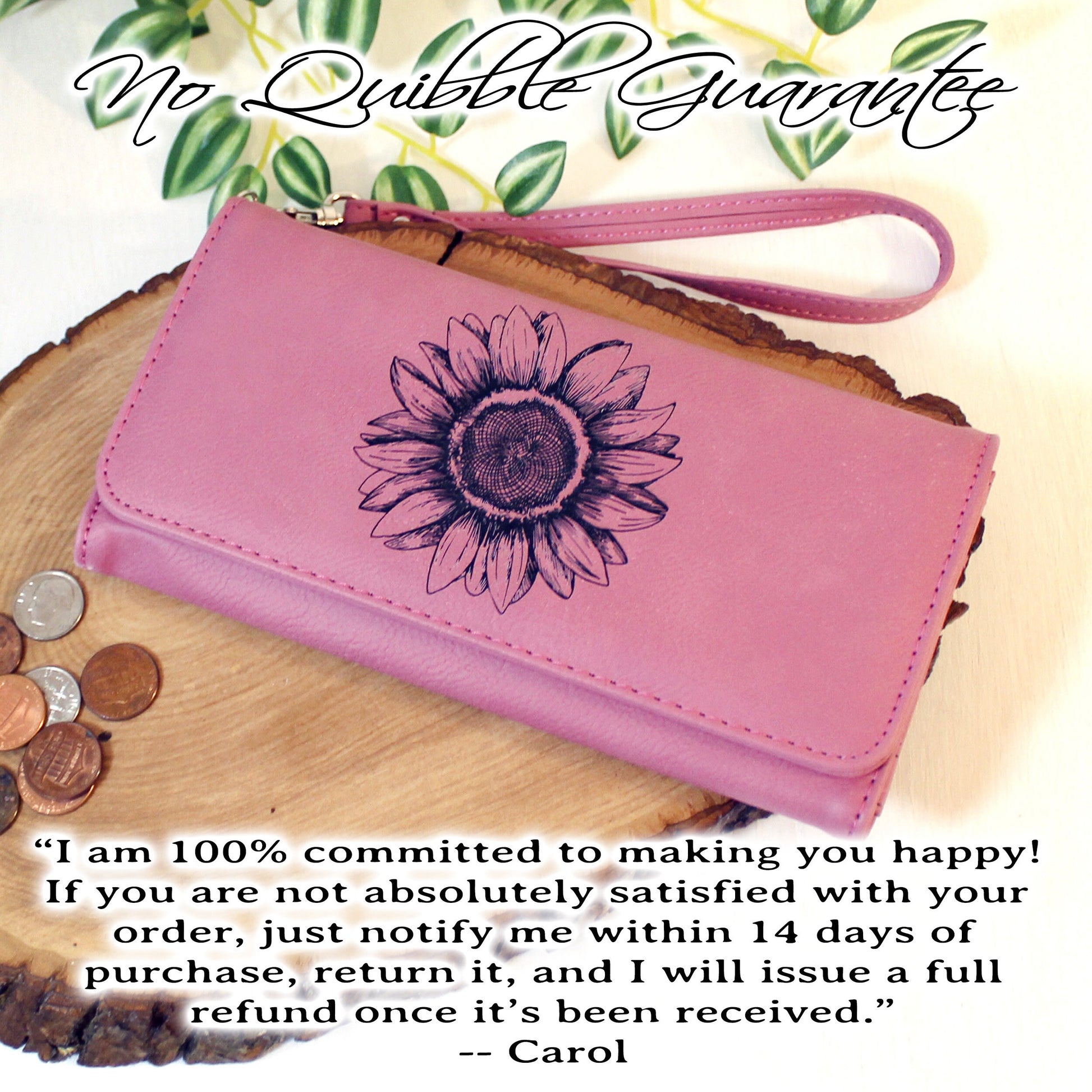 Engraved Sunflower Leatherette Women's Wallet w/ ID Display, Ladies Leather Sunflower Wallet, Perfect Gift for her Birthday or Mother's Day