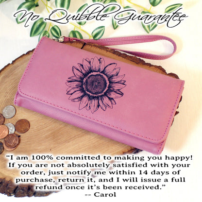 Engraved Sunflower Leatherette Women's Wallet w/ ID Display, Ladies Leather Sunflower Wallet, Perfect Gift for her Birthday or Mother's Day