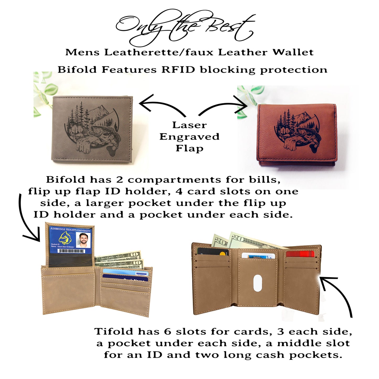 Men's Leather Bifold/Trifold Fishing Wallet. Perfect Fisherman's gift. Large Mouth Bass. Engraved Fishing Art. Engraved Mountain Fishing.