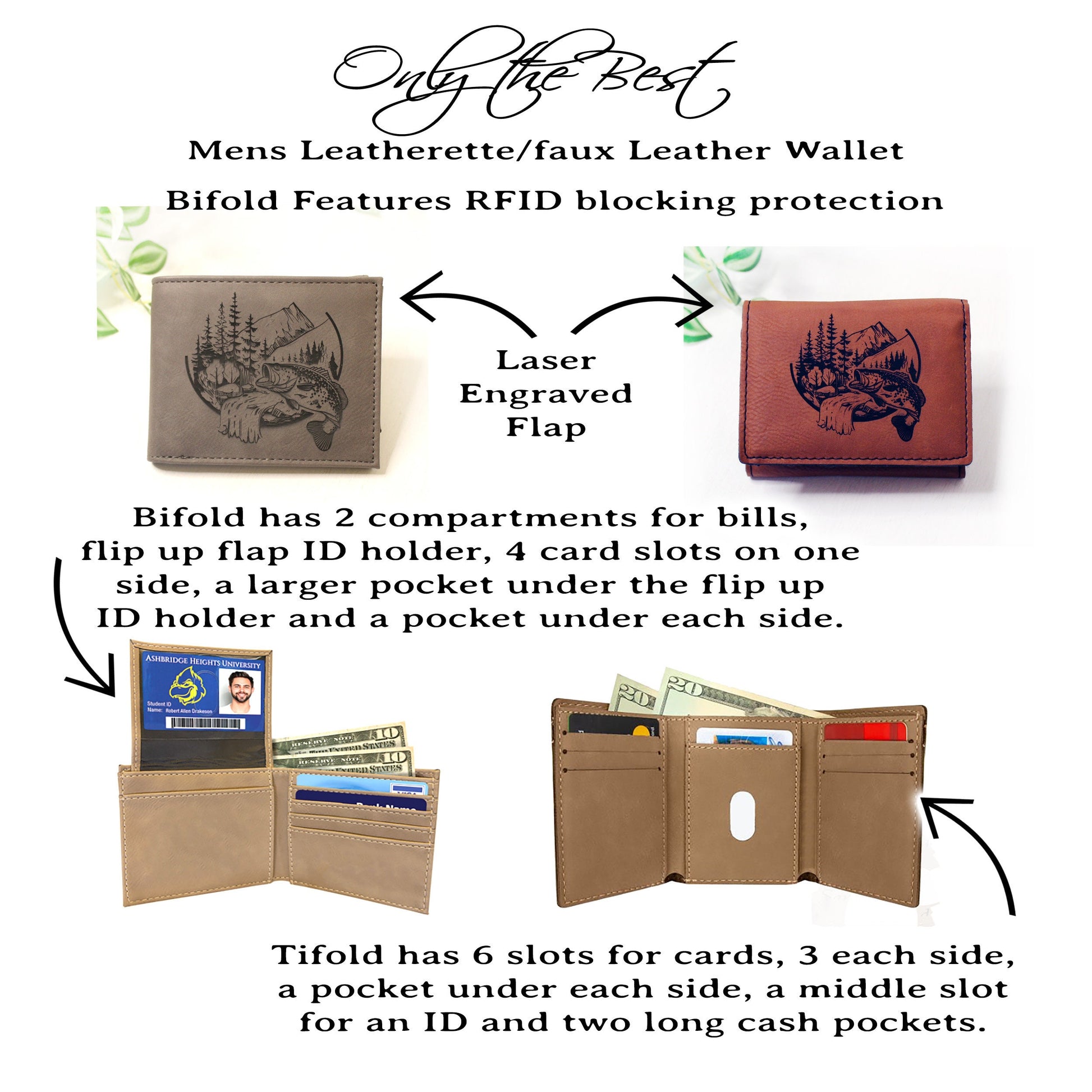 Men's Leather Bifold/Trifold Fishing Wallet. Perfect Fisherman's gift. Large Mouth Bass. Engraved Fishing Art. Engraved Mountain Fishing.