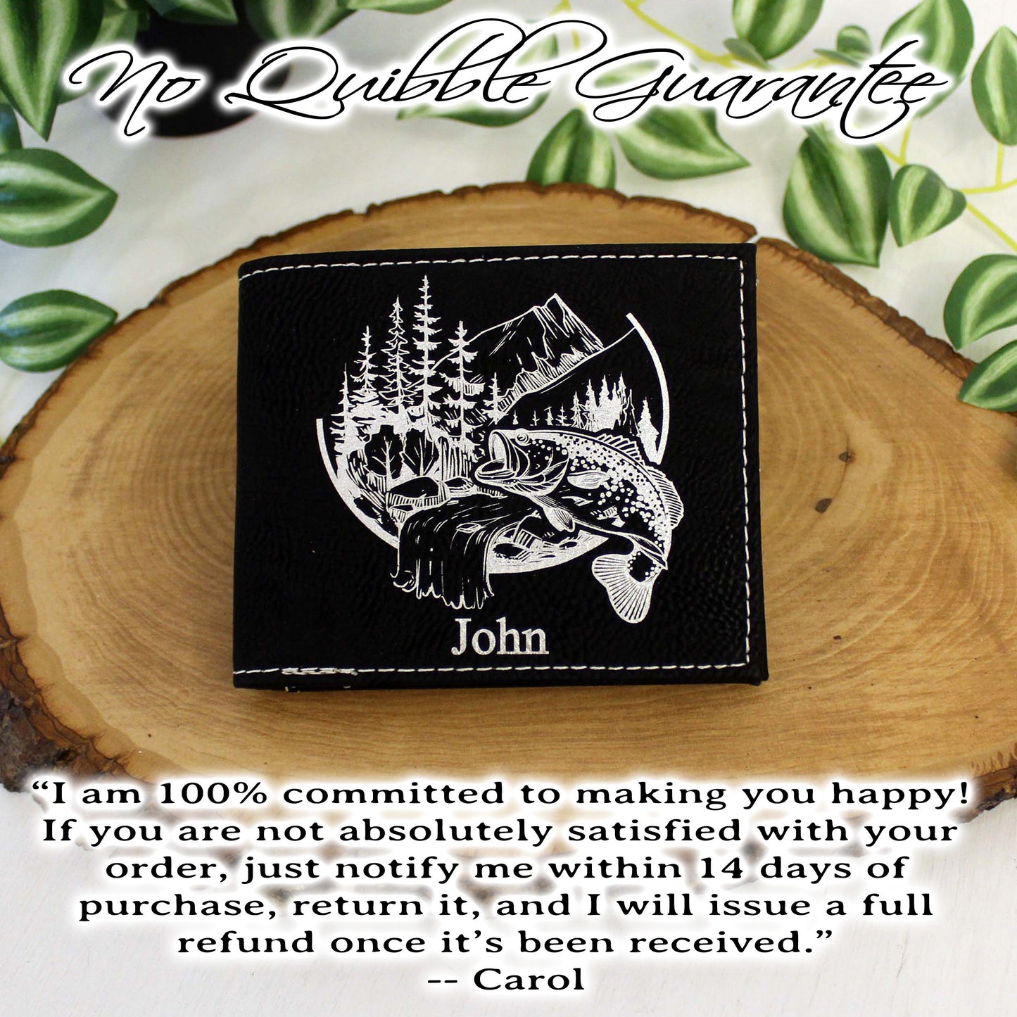Men's Leather Bifold/Trifold Fishing Wallet. Perfect Fisherman's gift. Large Mouth Bass. Engraved Fishing Art. Engraved Mountain Fishing.