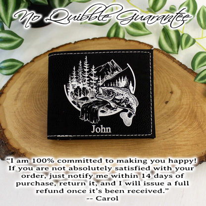 Men's Leather Bifold/Trifold Fishing Wallet. Perfect Fisherman's gift. Large Mouth Bass. Engraved Fishing Art. Engraved Mountain Fishing.