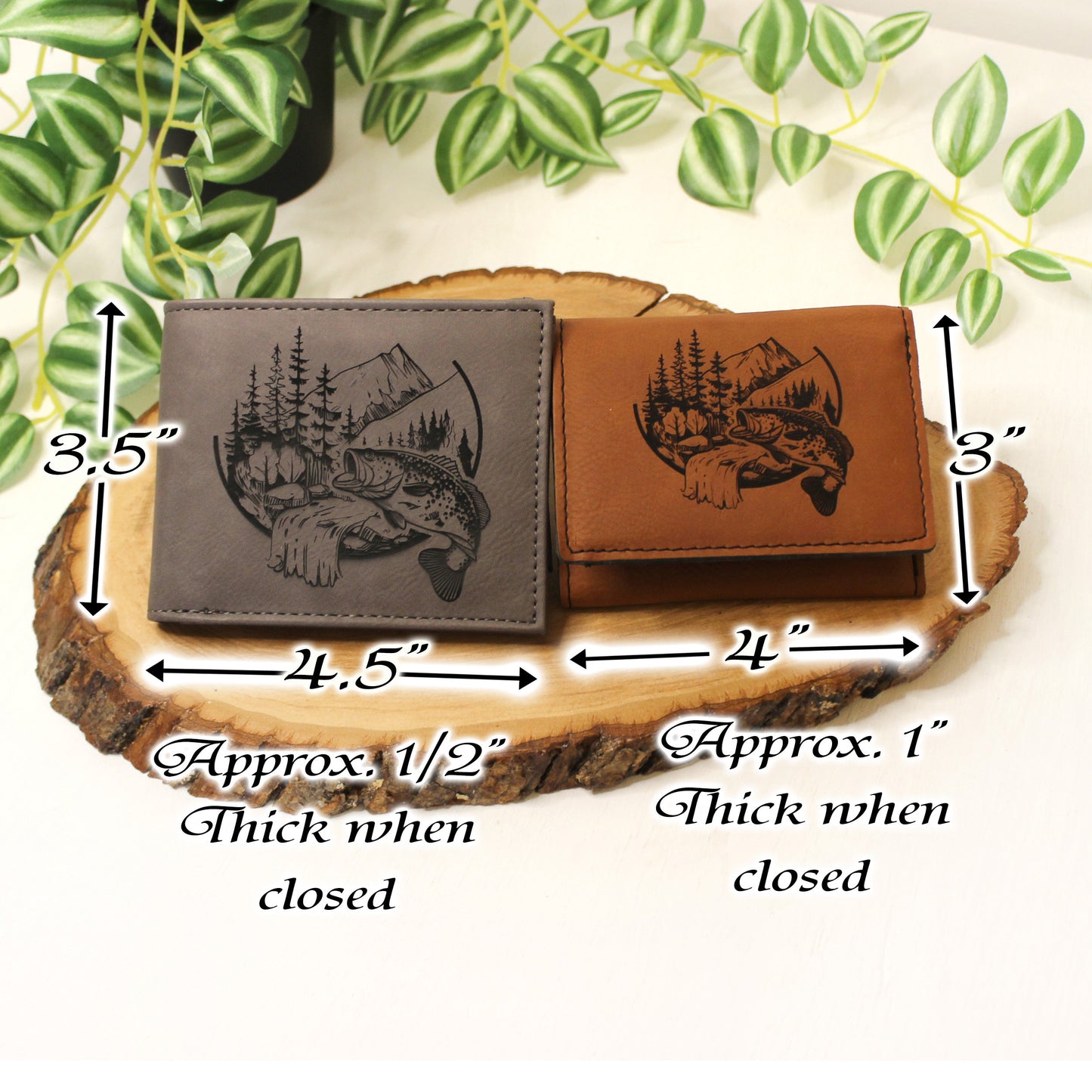 Men's Leather Bifold/Trifold Fishing Wallet. Perfect Fisherman's gift. Large Mouth Bass. Engraved Fishing Art. Engraved Mountain Fishing.