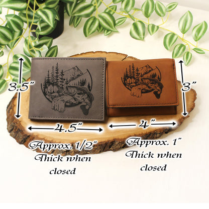 Men's Leather Bifold/Trifold Fishing Wallet. Perfect Fisherman's gift. Large Mouth Bass. Engraved Fishing Art. Engraved Mountain Fishing.
