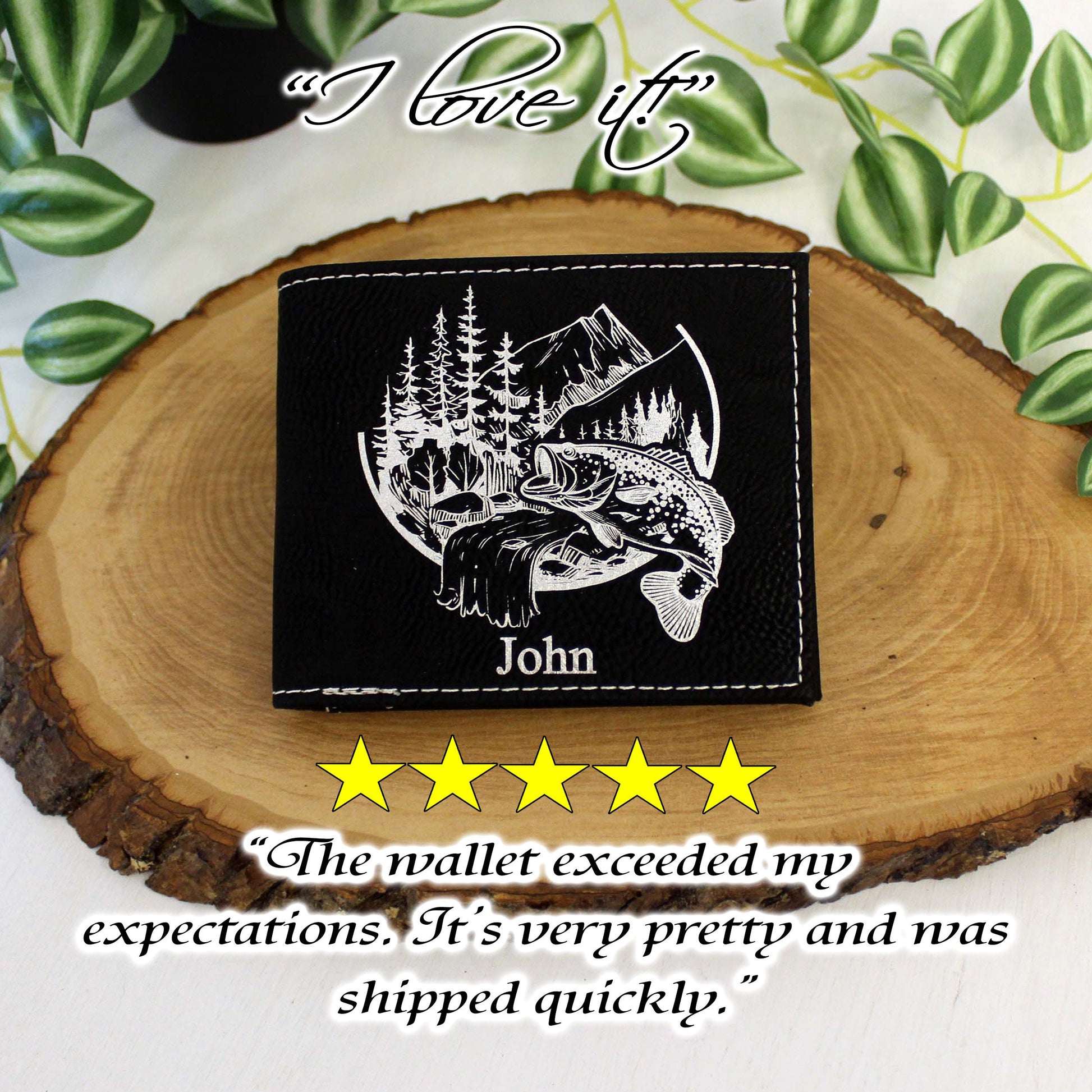 Men's Leather Bifold/Trifold Fishing Wallet. Perfect Fisherman's gift. Large Mouth Bass. Engraved Fishing Art. Engraved Mountain Fishing.