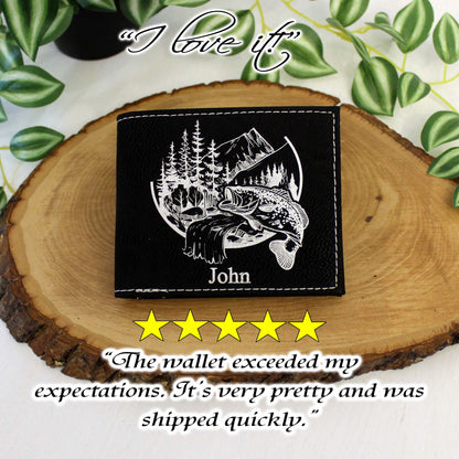 Men's Leather Bifold/Trifold Fishing Wallet. Perfect Fisherman's gift. Large Mouth Bass. Engraved Fishing Art. Engraved Mountain Fishing.