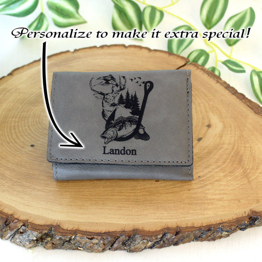 Men's Leather Bifold/Trifold Hunting & Fishing Wallet. Perfect Hunting/Fisherman's gift. Large Mouth Bass Jumping thru Fish Hook with Deer