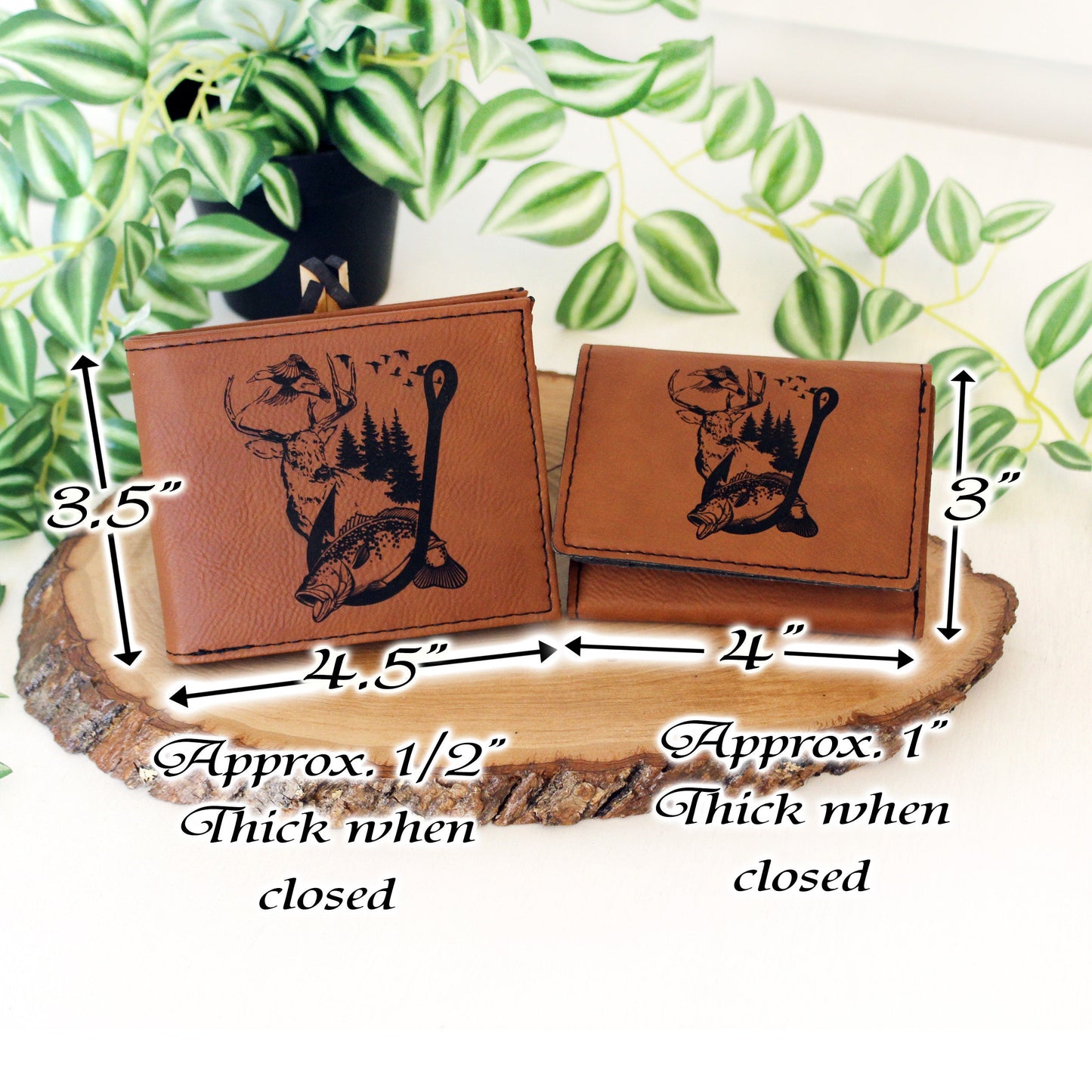 Men's Leather Bifold/Trifold Hunting & Fishing Wallet. Perfect Hunting/Fisherman's gift. Large Mouth Bass Jumping thru Fish Hook with Deer