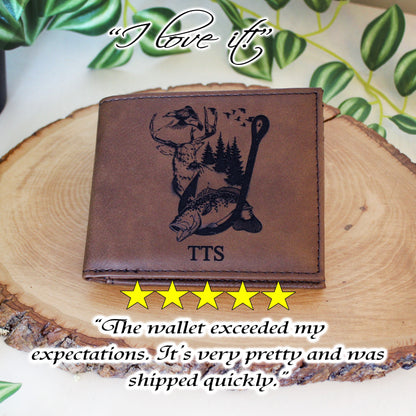 Men's Leather Bifold/Trifold Hunting & Fishing Wallet. Perfect Hunting/Fisherman's gift. Large Mouth Bass Jumping thru Fish Hook with Deer