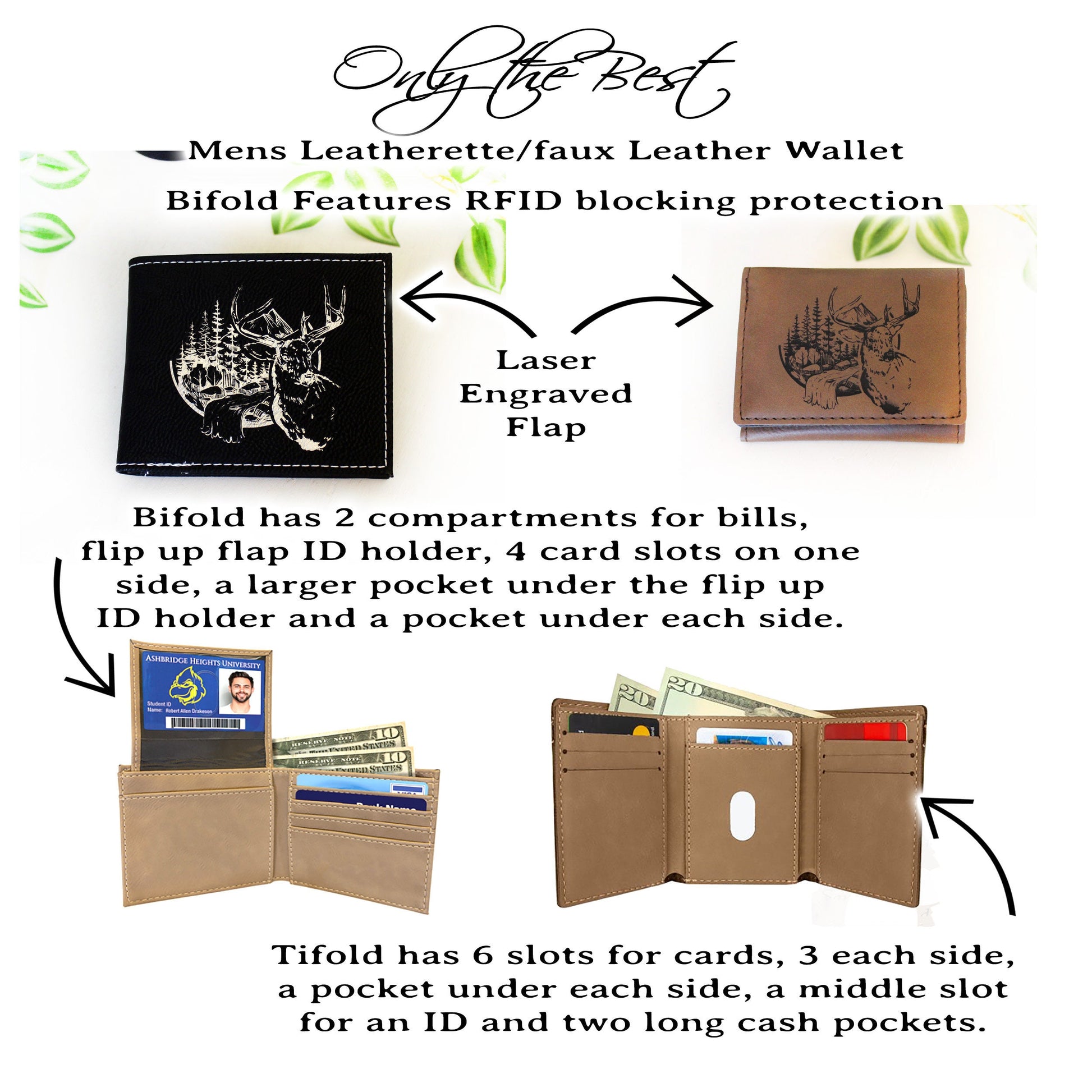 Men's Leather Bifold/Trifold Hunting Wallet. Perfect Hunter's gift. Deer in the Mountains. Engraved Hunting Art. Mountain Hunting.