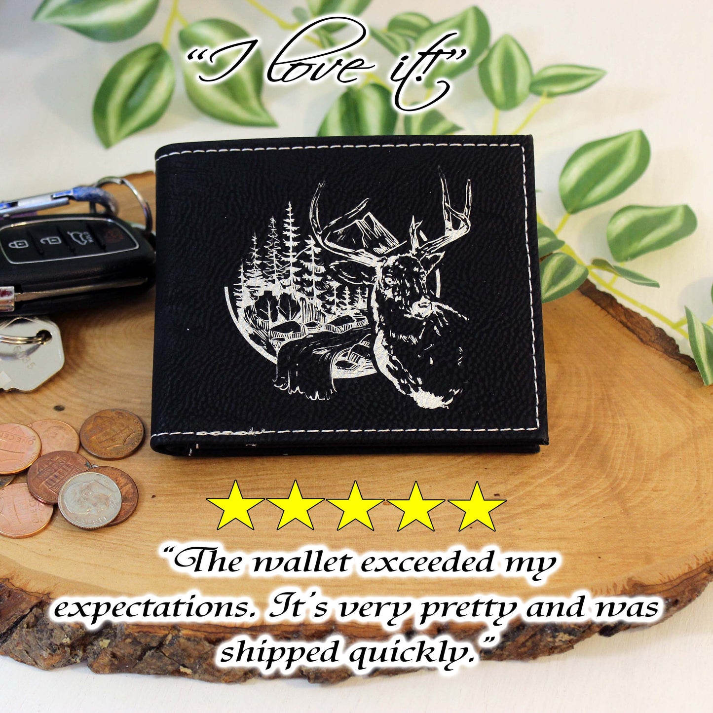 Men's Leather Bifold/Trifold Hunting Wallet. Perfect Hunter's gift. Deer in the Mountains. Engraved Hunting Art. Mountain Hunting.