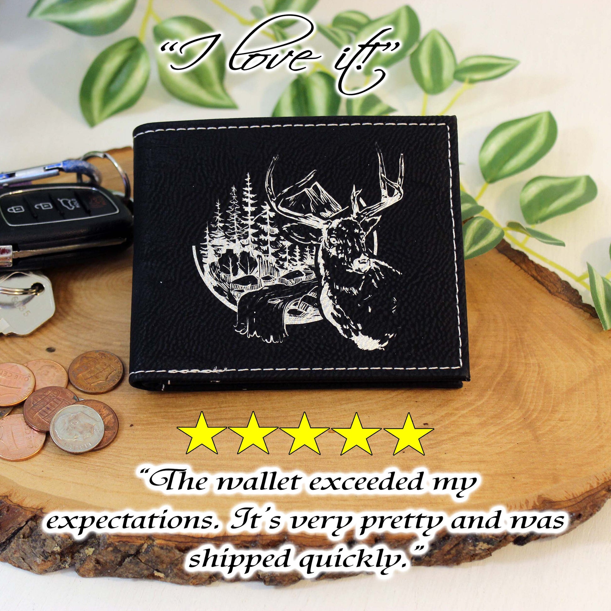 Men's Leather Bifold/Trifold Hunting Wallet. Perfect Hunter's gift. Deer in the Mountains. Engraved Hunting Art. Mountain Hunting.