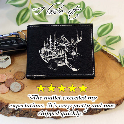Men's Leather Bifold/Trifold Hunting Wallet. Perfect Hunter's gift. Deer in the Mountains. Engraved Hunting Art. Mountain Hunting.