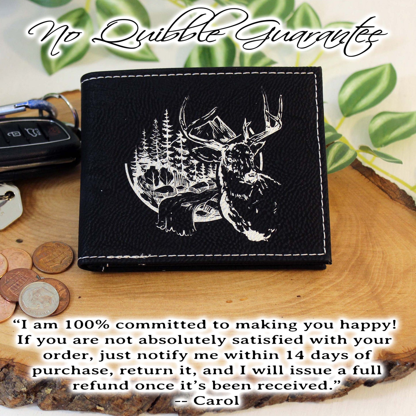 Men's Leather Bifold/Trifold Hunting Wallet. Perfect Hunter's gift. Deer in the Mountains. Engraved Hunting Art. Mountain Hunting.