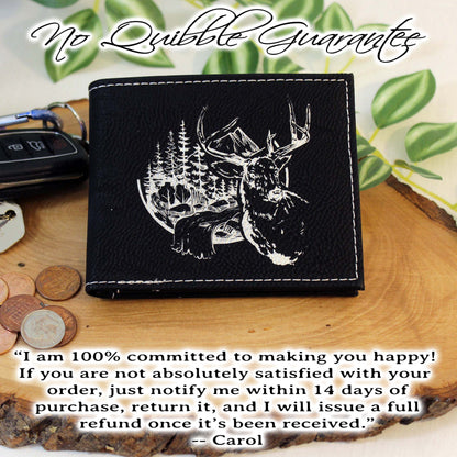 Men's Leather Bifold/Trifold Hunting Wallet. Perfect Hunter's gift. Deer in the Mountains. Engraved Hunting Art. Mountain Hunting.