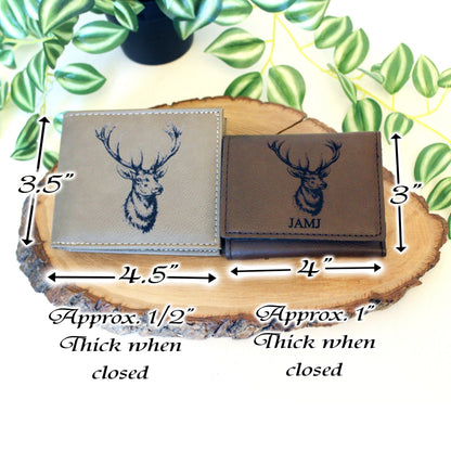 Men's Leather Bifold/Trifold Hunting Wallet with flip ID Display. Perfect Hunter's gift. Elk Profile Engraved Hunting Art. Elk Head Wallet