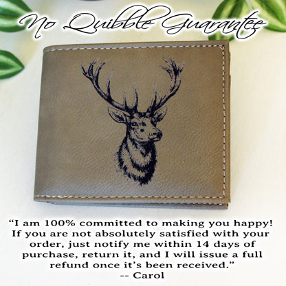 Men's Leather Bifold/Trifold Hunting Wallet with flip ID Display. Perfect Hunter's gift. Elk Profile Engraved Hunting Art. Elk Head Wallet