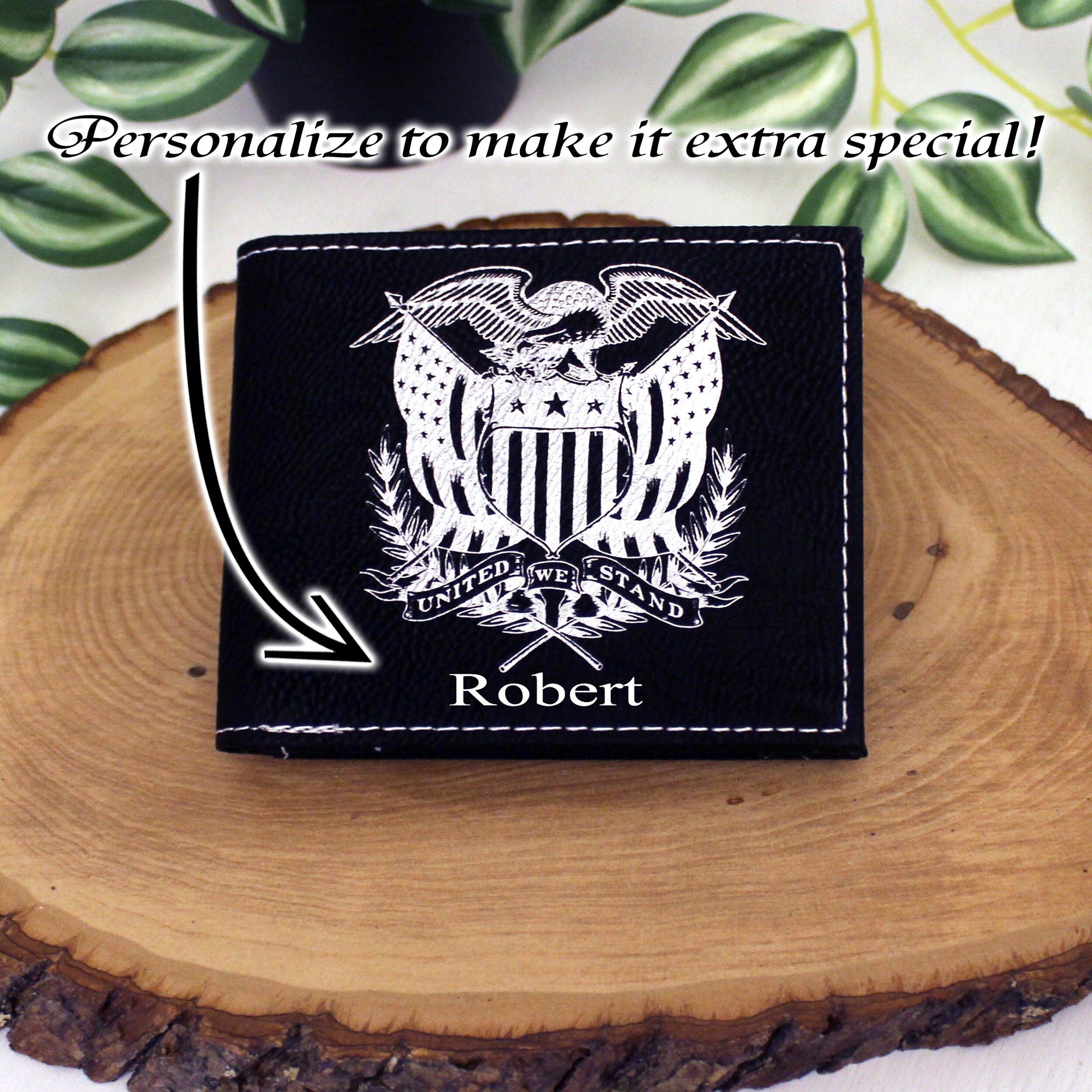 Men's Leather Bifold/Trifold Patriotic Wallet. Perfect Patriotic gift. United We Stand Eagle with American Flag Engraved on the Wallet Front