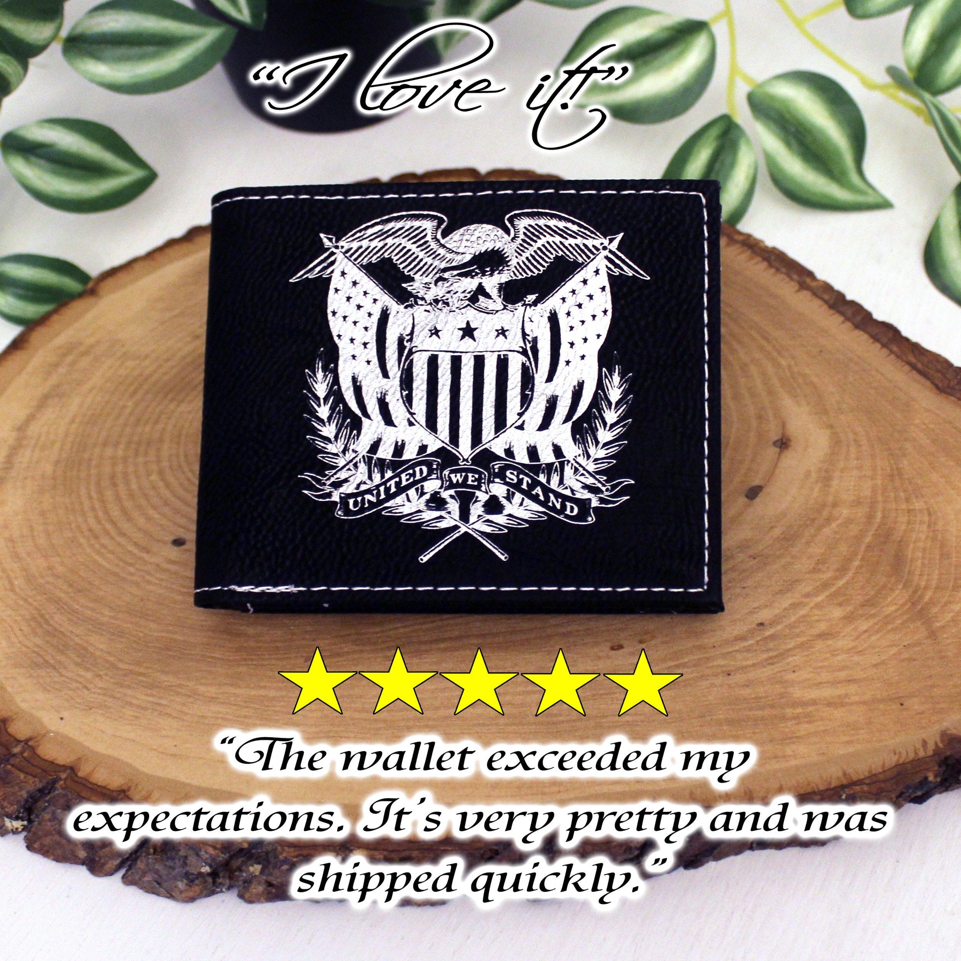 Men's Leather Bifold/Trifold Patriotic Wallet. Perfect Patriotic gift. United We Stand Eagle with American Flag Engraved on the Wallet Front