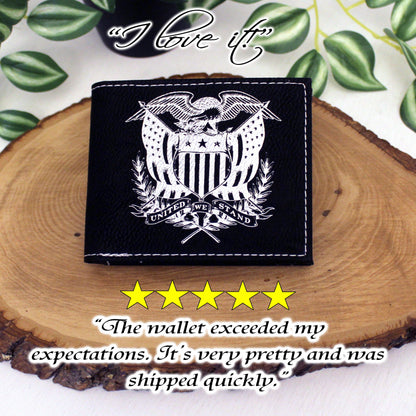 Men's Leather Bifold/Trifold Patriotic Wallet. Perfect Patriotic gift. United We Stand Eagle with American Flag Engraved on the Wallet Front