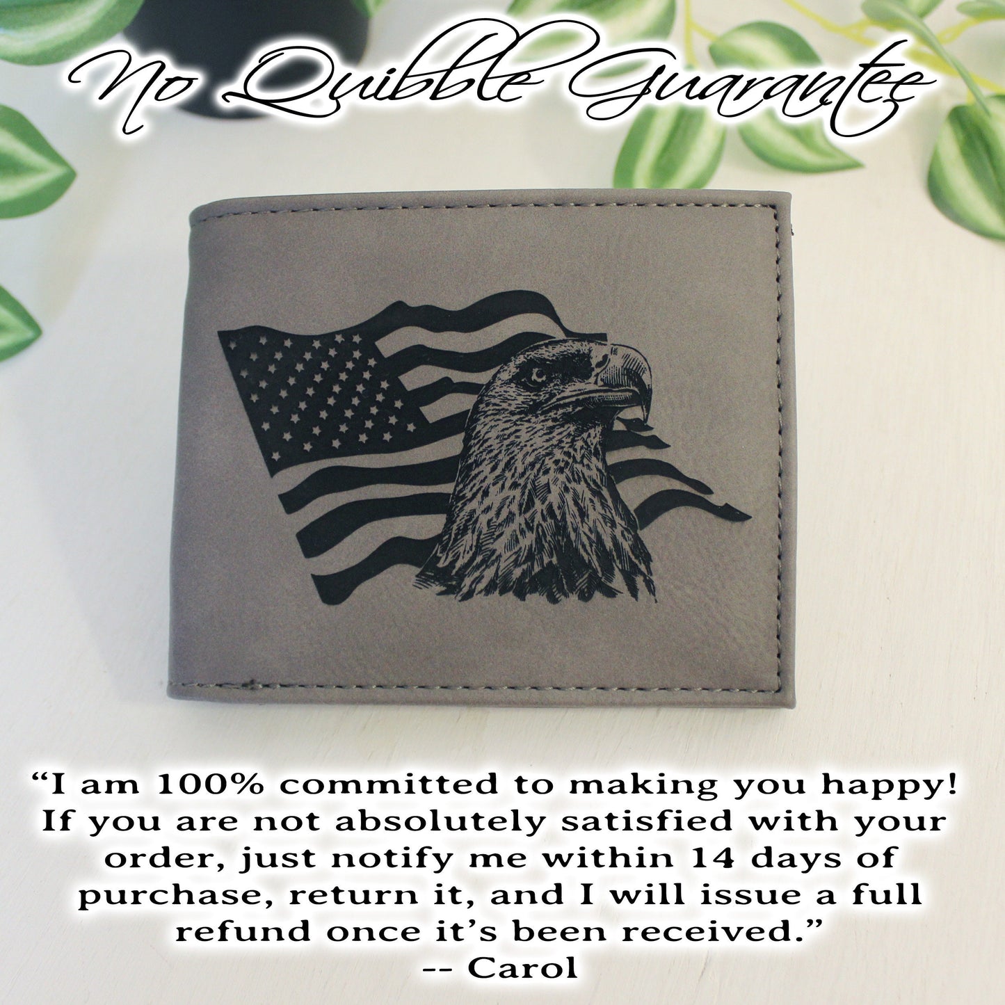 Men's Leather Bifold/Trifold Patriotic Wallet. Perfect Patriotic gift. Eagle with American Flag waving behind it Engraved on Wallet Front
