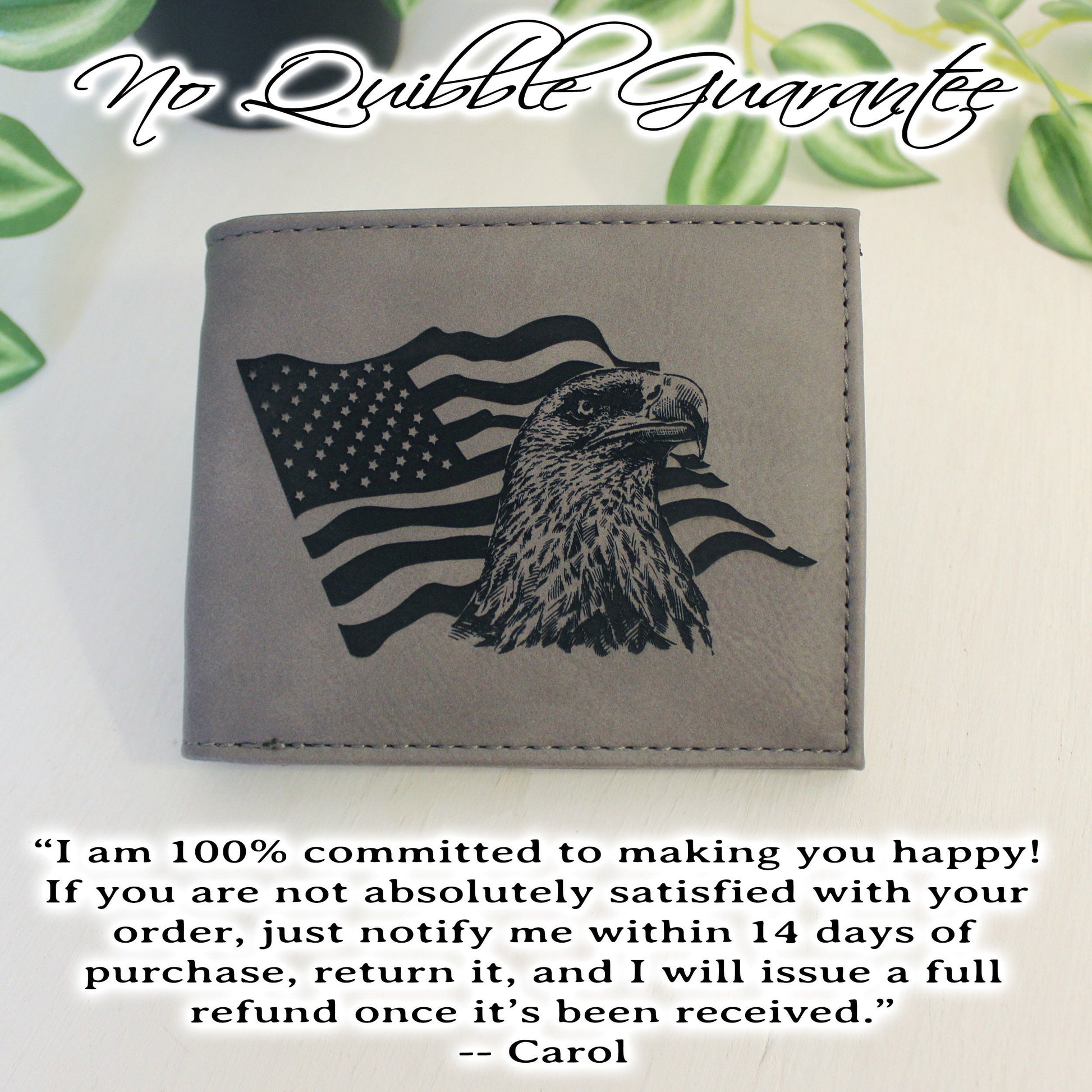 Men's Leather Bifold/Trifold Patriotic Wallet. Perfect Patriotic gift. Eagle with American Flag waving behind it Engraved on Wallet Front