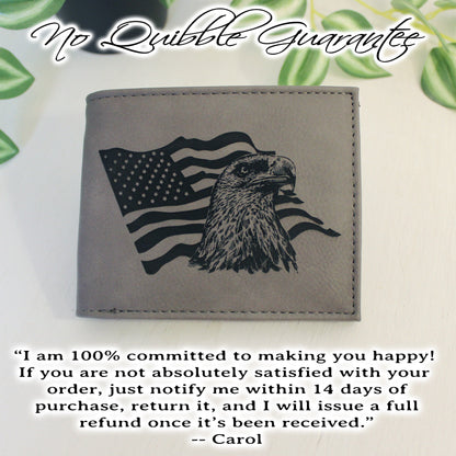 Men's Leather Bifold/Trifold Patriotic Wallet. Perfect Patriotic gift. Eagle with American Flag waving behind it Engraved on Wallet Front
