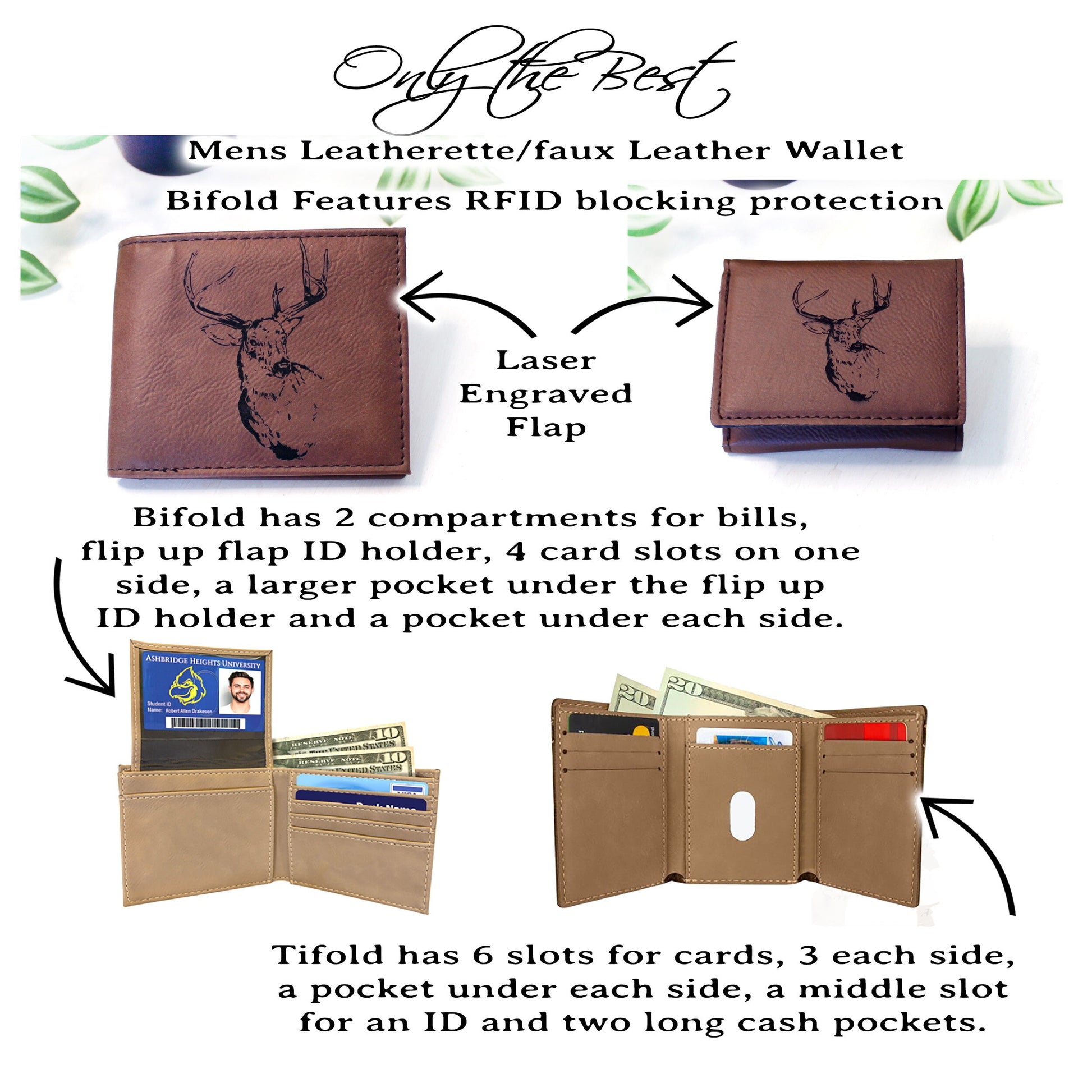 Men's Leather Bifold/Trifold Hunting Wallet - Bifold with flip ID Display. Perfect Hunter's gift. Deer Profile Engraved. Deer Head Wallet