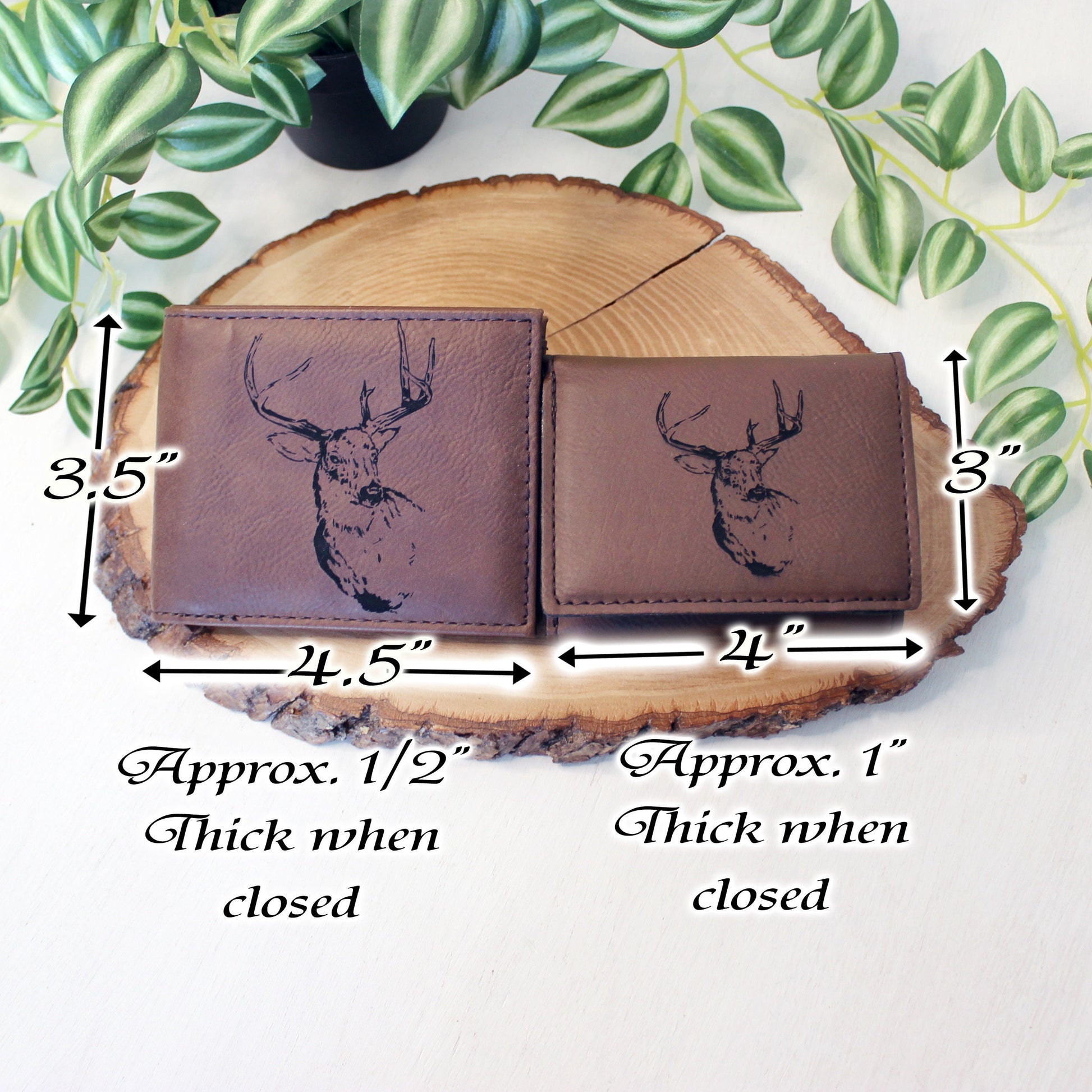 Men's Leather Bifold/Trifold Hunting Wallet - Bifold with flip ID Display. Perfect Hunter's gift. Deer Profile Engraved. Deer Head Wallet
