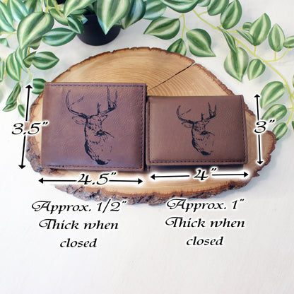 Men's Leather Bifold/Trifold Hunting Wallet - Bifold with flip ID Display. Perfect Hunter's gift. Deer Profile Engraved. Deer Head Wallet