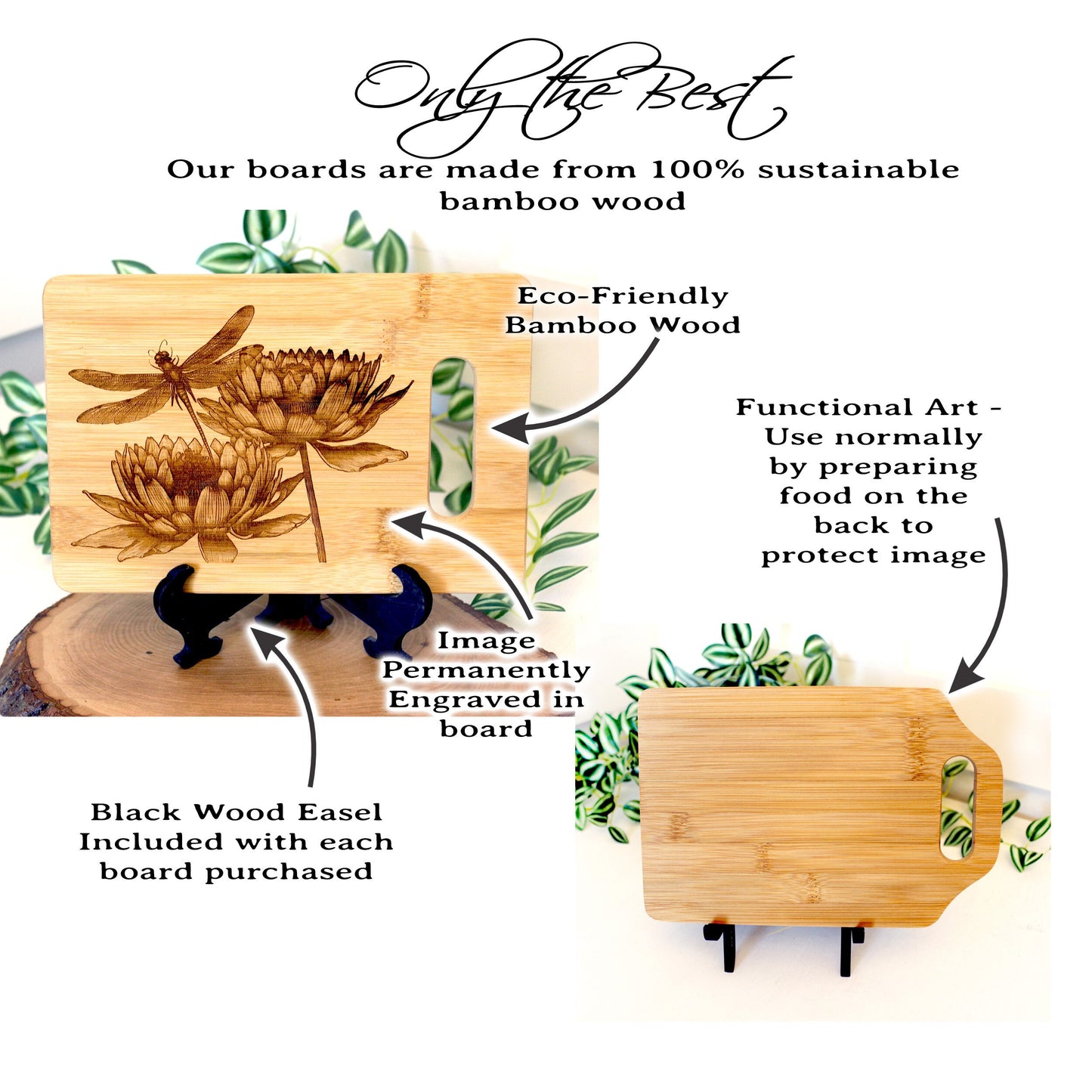 Artistic Dragonfly with Lotus Flowers Engraved on Bamboo Wooden Cutting/Cheese Board to Brighten your Kitchen Decor, great Dragonfly Gift