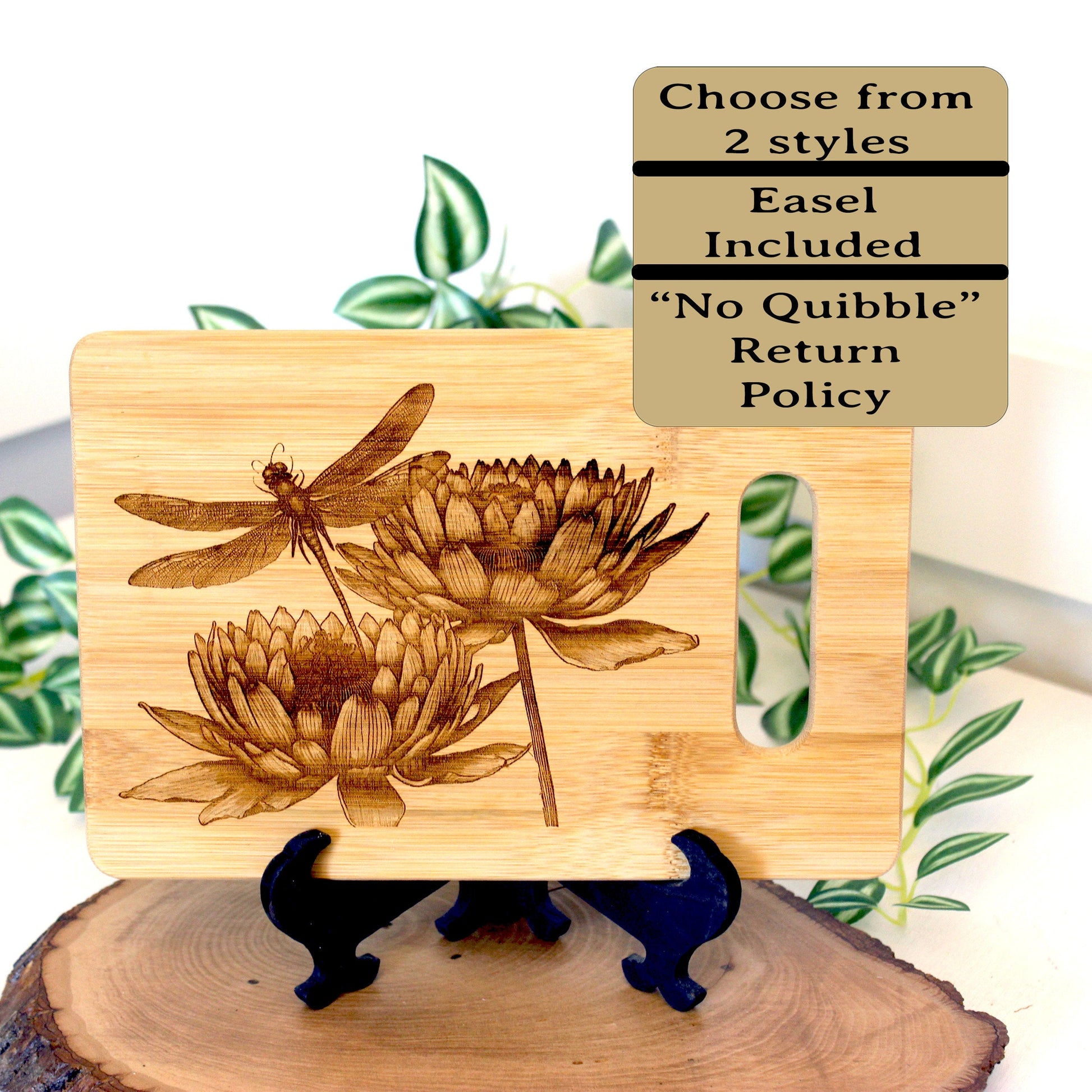 Artistic Dragonfly with Lotus Flowers Engraved on Bamboo Wooden Cutting/Cheese Board to Brighten your Kitchen Decor, great Dragonfly Gift