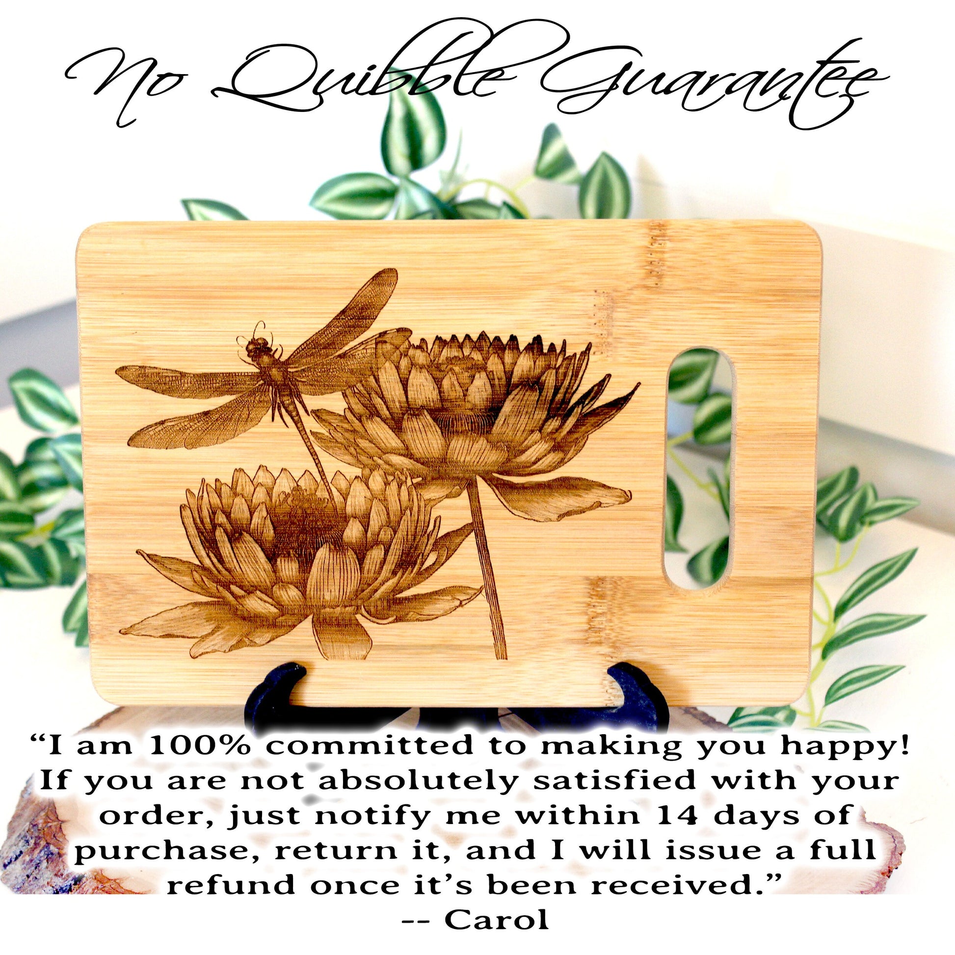Artistic Dragonfly with Lotus Flowers Engraved on Bamboo Wooden Cutting/Cheese Board to Brighten your Kitchen Decor, great Dragonfly Gift