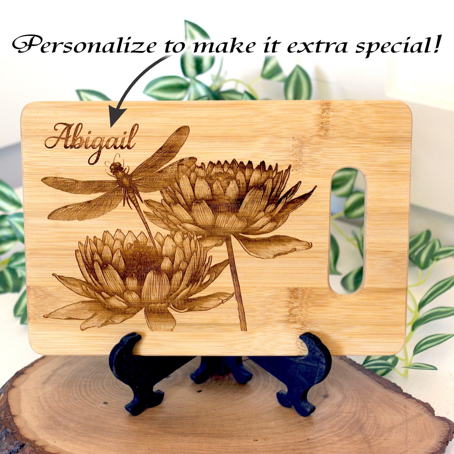 Artistic Dragonfly with Lotus Flowers Engraved on Bamboo Wooden Cutting/Cheese Board to Brighten your Kitchen Decor, great Dragonfly Gift