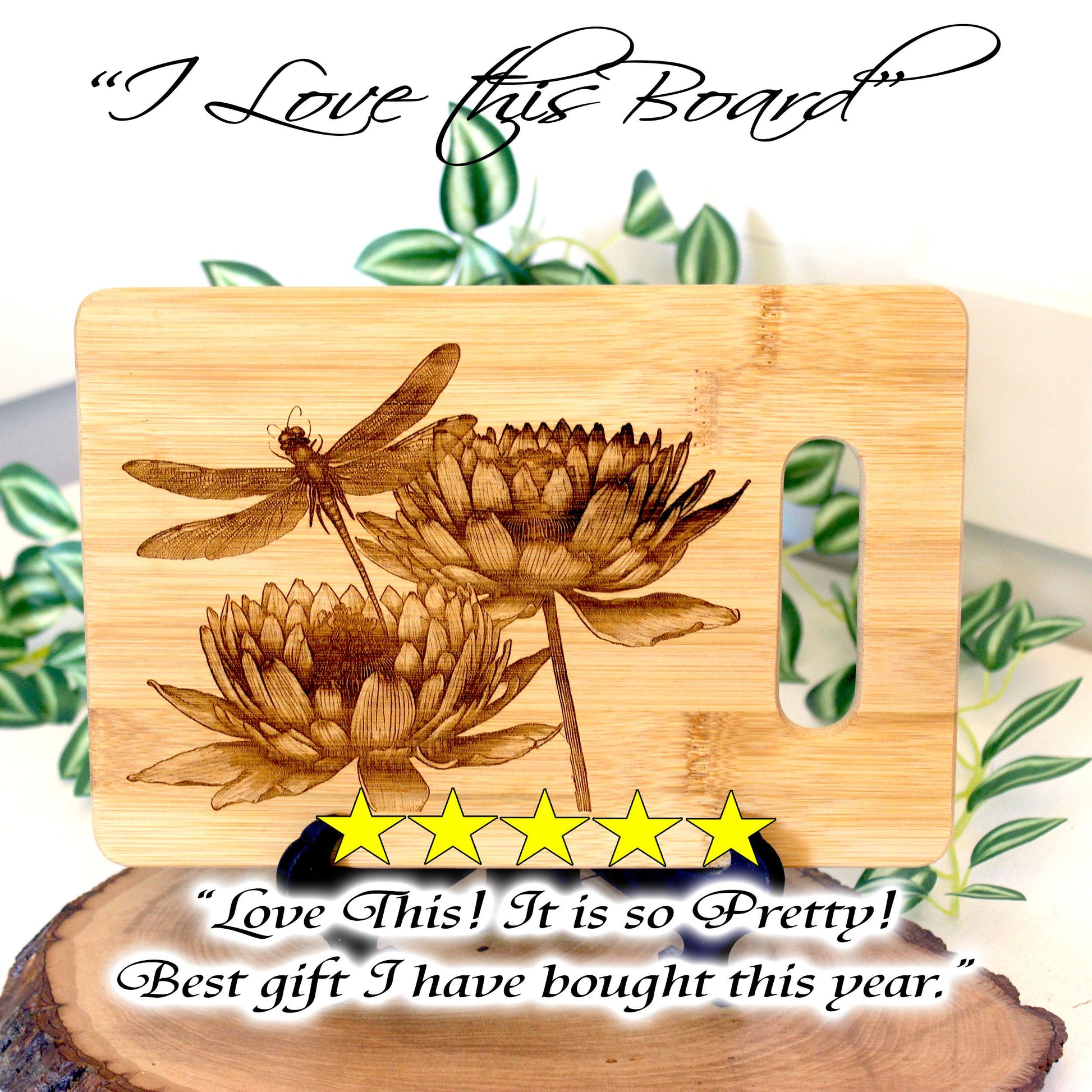 Artistic Dragonfly with Lotus Flowers Engraved on Bamboo Wooden Cutting/Cheese Board to Brighten your Kitchen Decor, great Dragonfly Gift