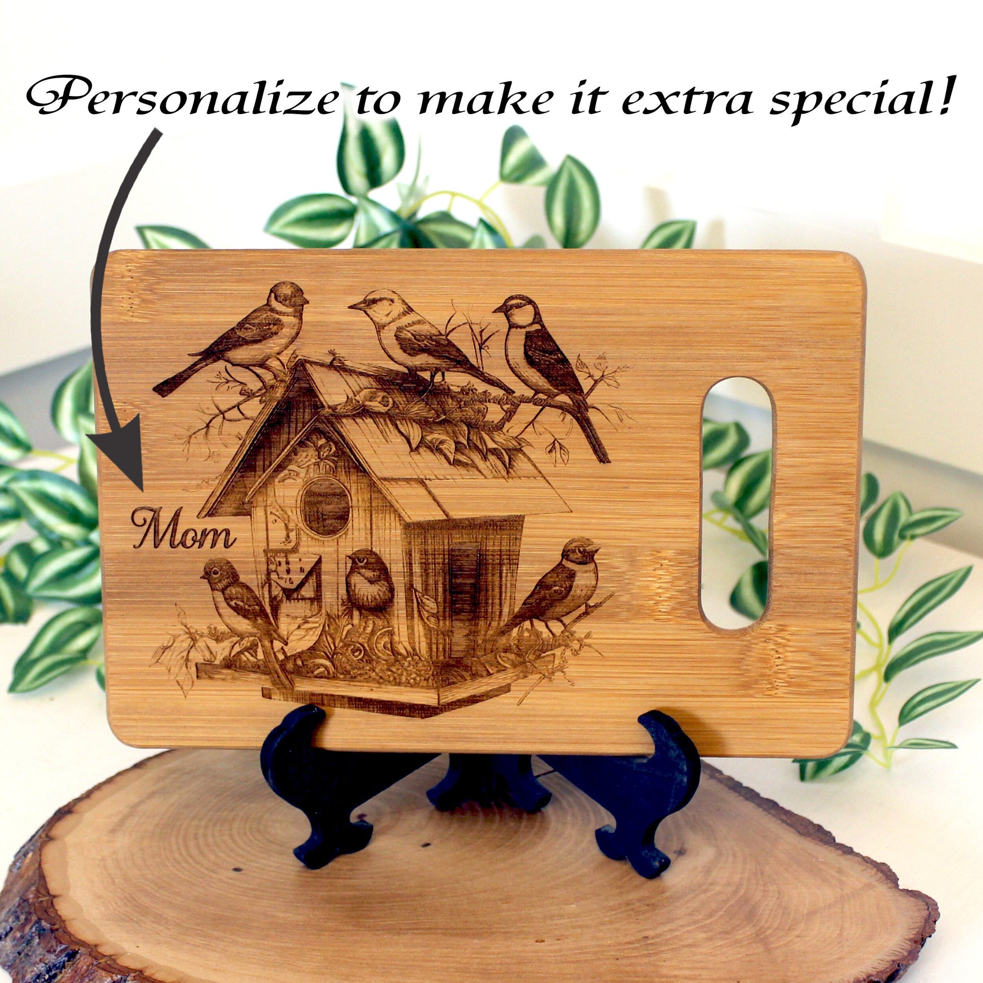 Beautiful Detailed Birdhouse/Birds Engraved on a Bamboo Cheese Cutting Board. Decorate your Kitchen. Wooden easel included.