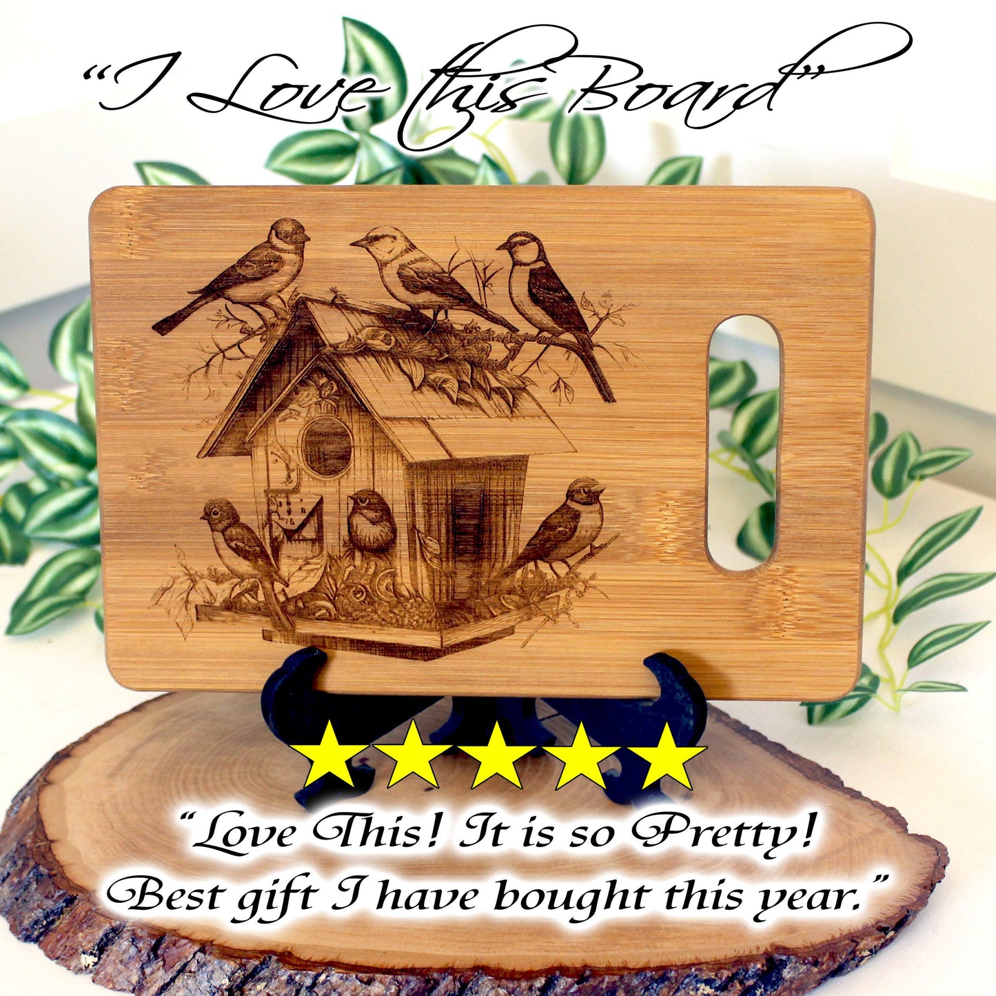 Beautiful Detailed Birdhouse/Birds Engraved on a Bamboo Cheese Cutting Board. Decorate your Kitchen. Wooden easel included.