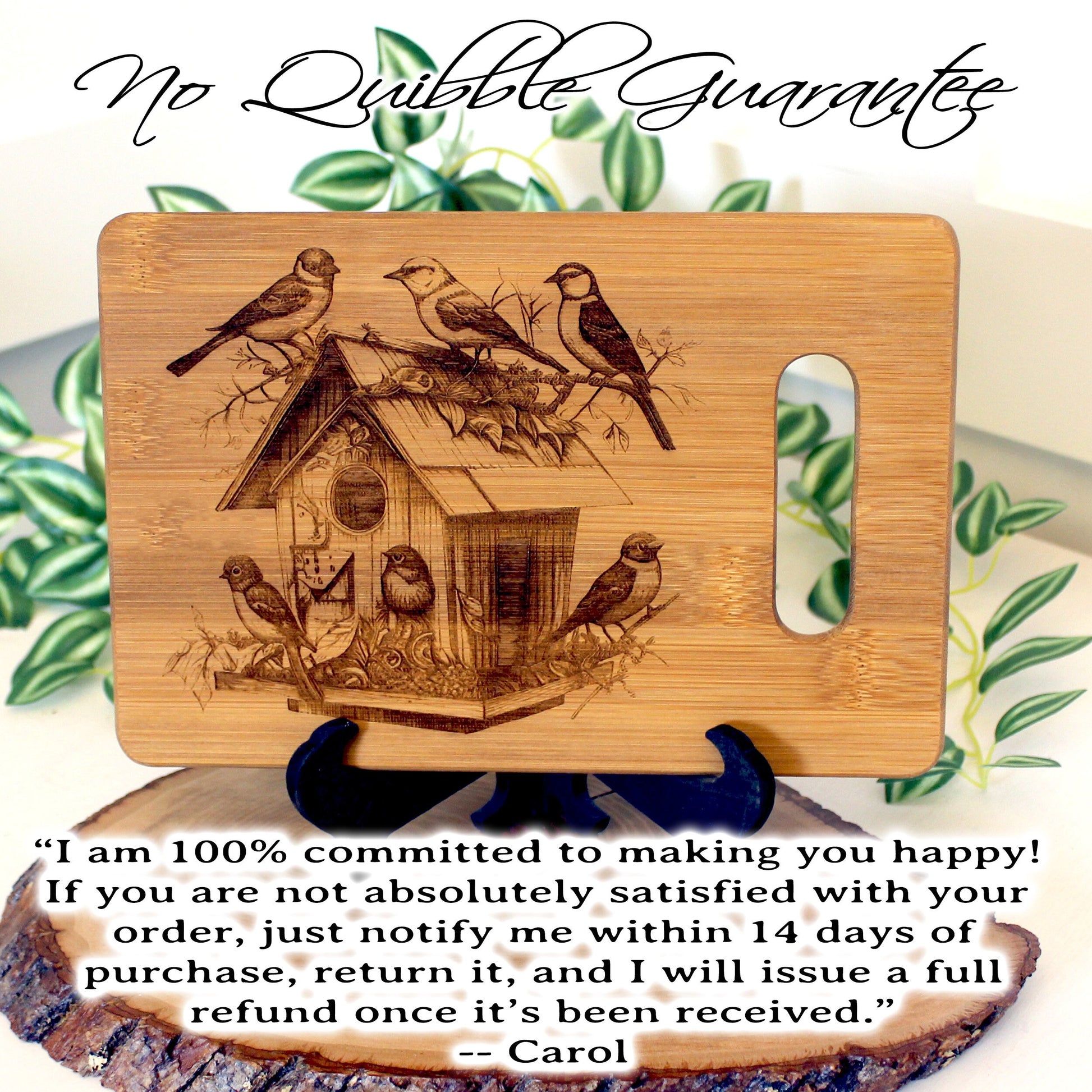 Beautiful Detailed Birdhouse/Birds Engraved on a Bamboo Cheese Cutting Board. Decorate your Kitchen. Wooden easel included.