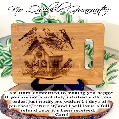 Beautiful Detailed Birdhouse/Birds Engraved on a Bamboo Cheese Cutting Board. Decorate your Kitchen. Wooden easel included.