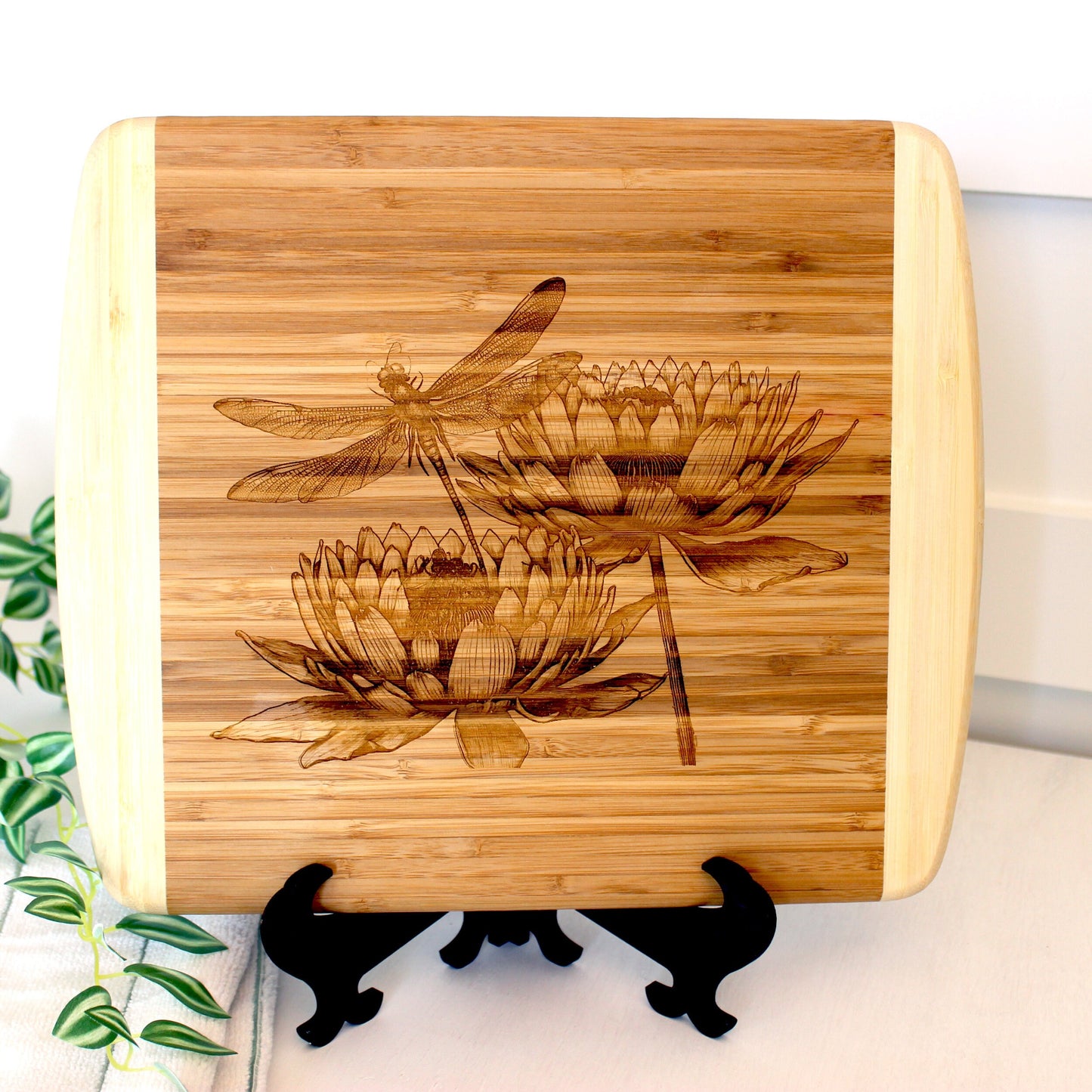 Dragonfly & Lotus Flowers Decorate this Bamboo Cutting Board and can be Personalized, Environmentally Friendly Gifts and Wood Easel Include