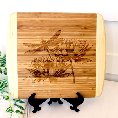Dragonfly & Lotus Flowers Decorate this Bamboo Cutting Board and can be Personalized, Environmentally Friendly Gifts and Wood Easel Include