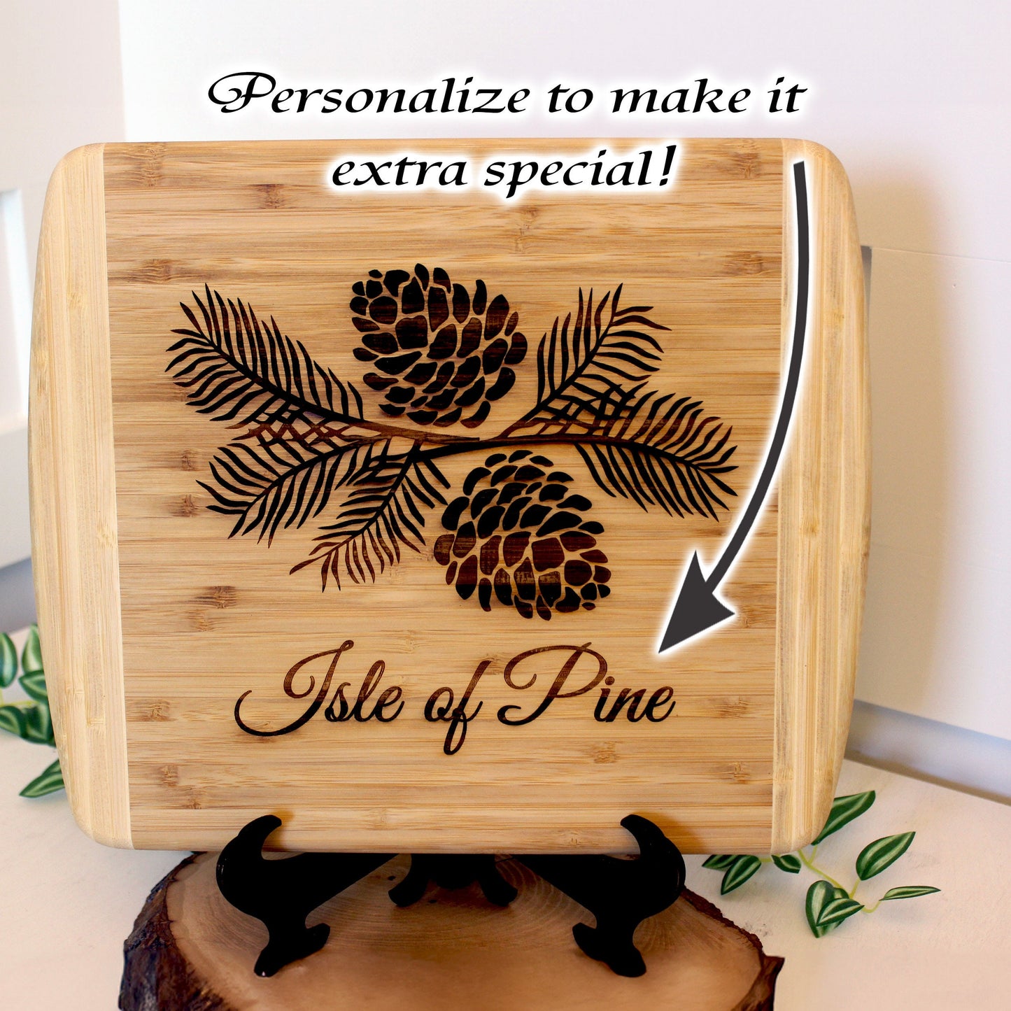 Pine Cone Home Decor - Bamboo Cutting Board with a decorative pinecone design - Environmentally Friendly Gifts, Wooden Easel Included