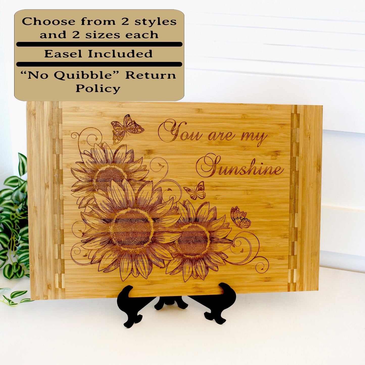 Sunflowers and Butterflies Kitchen Decor - Personalized Bamboo Cutting Board, great Environmentally Friendly Gifts, Wooden Easel Included