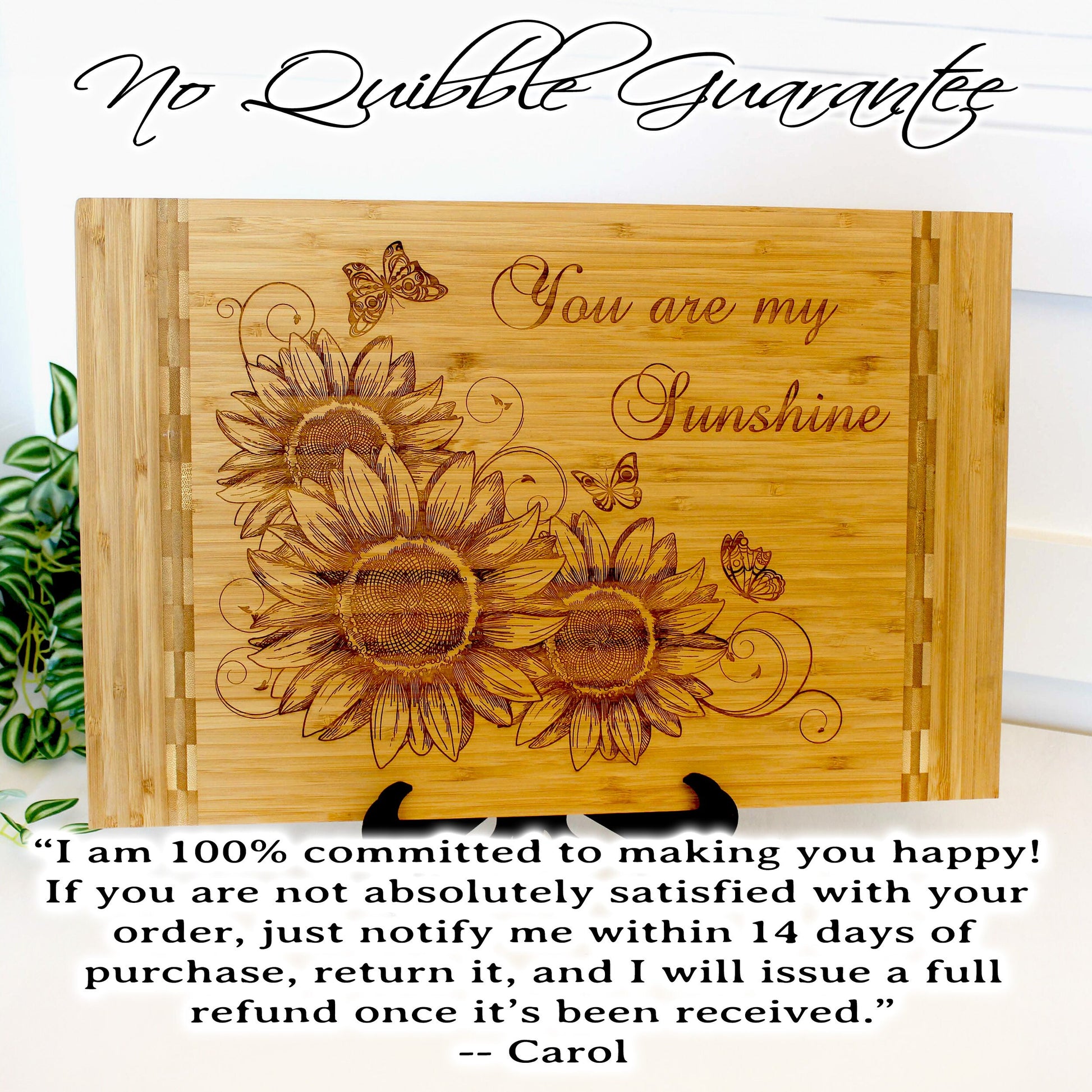 Sunflowers and Butterflies Kitchen Decor - Personalized Bamboo Cutting Board, great Environmentally Friendly Gifts, Wooden Easel Included