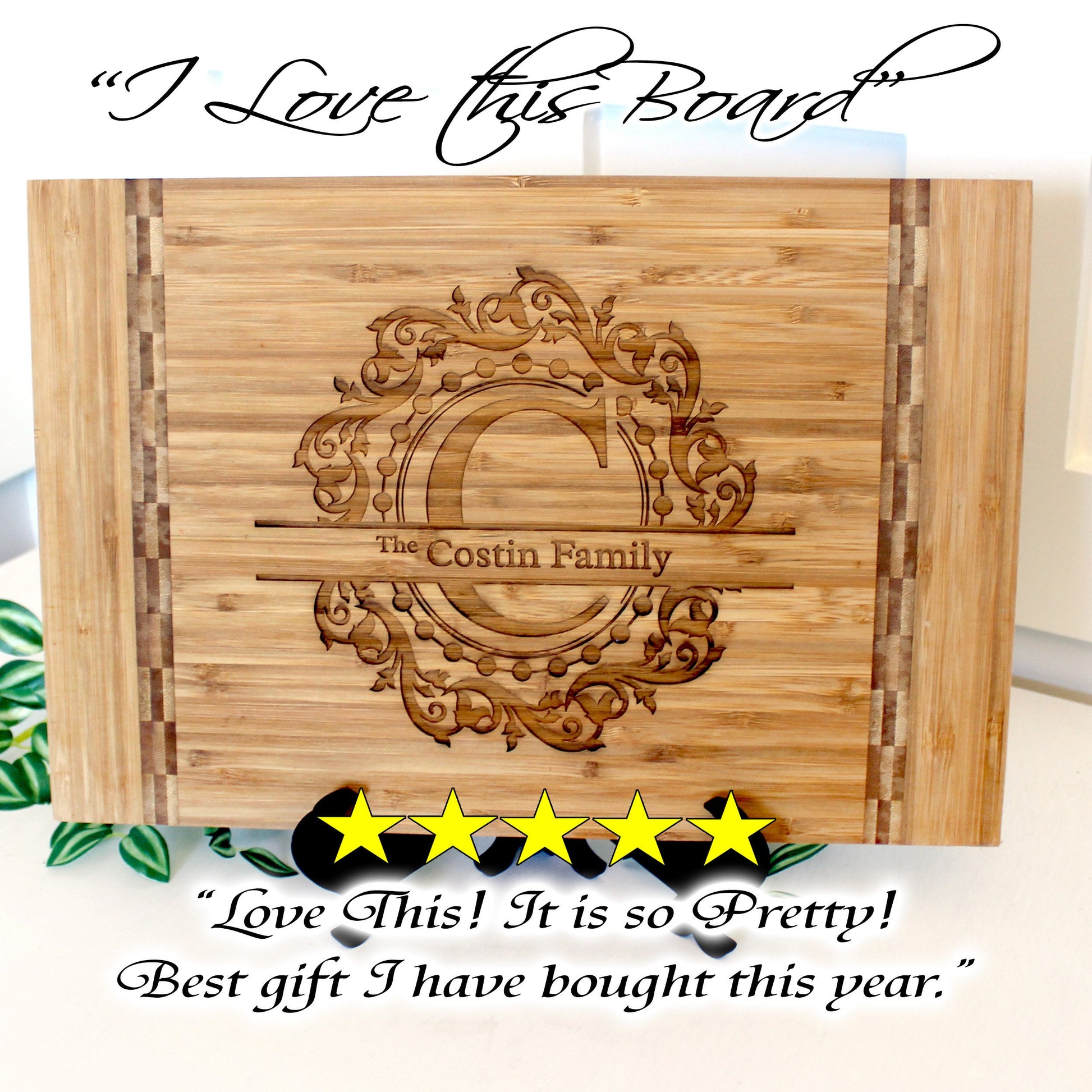 Split Monogram Personalized Bamboo Cutting Board with Easel - Eco-Friendly Housewarming Gift for New Home